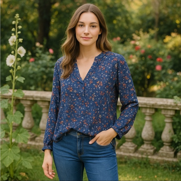 Old Navy Tops - Old Navy Women’s Floral Print Long Sleeve Blouse Blue Pink Lightweight XL Casual